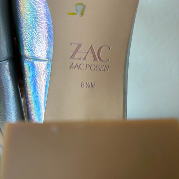 Zac Posen Silver Holographic Pointed Toe Slip On Block Heel Leather Pumps 8.5 - Picture 10 of 10